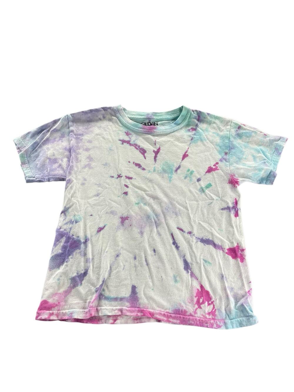 Gildan Girls White Pink Blue Tie Dye Short Sleeve T-Shirt Youth Size Small
